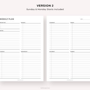 Pu&ograve; includere: Un planner settimanale stampabile con un design in bianco e nero. Il planner include sezioni per le priorit&agrave;, gli appunti e le attivit&agrave; quotidiane dal luned&igrave; alla domenica. Il testo "VERSION 2" e "Sunday & Monday Starts Included" &egrave; in cima alla pagina.