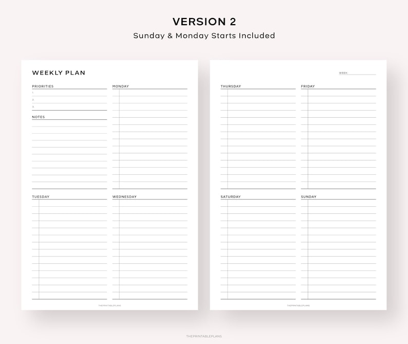 Pu&ograve; includere: Un planner settimanale stampabile con un design in bianco e nero. Il planner include sezioni per le priorit&agrave;, gli appunti e le attivit&agrave; quotidiane dal luned&igrave; alla domenica. Il testo "VERSION 2" e "Sunday & Monday Starts Included" &egrave; in cima alla pagina.
