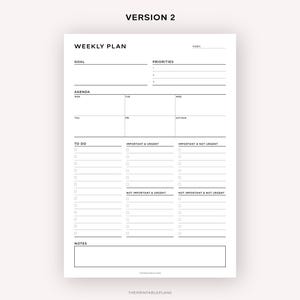 Op de afbeelding: Een zwart-witte printbare weekplanner met secties voor doelen, prioriteiten, agenda, te doen, belangrijk en dringend, belangrijk en niet dringend, niet belangrijk en dringend, niet belangrijk en niet dringend, en notities.