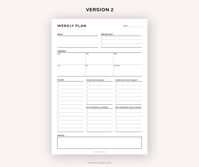 Op de afbeelding: Een zwart-witte printbare weekplanner met secties voor doelen, prioriteiten, agenda, te doen, belangrijk en dringend, belangrijk en niet dringend, niet belangrijk en dringend, niet belangrijk en niet dringend, en notities.