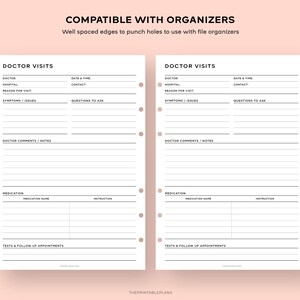 May include: Printable doctor visit log pages with sections for doctor's name, hospital, reason for visit, symptoms, questions to ask, doctor comments, medication, and tests and follow up appointments. The pages are compatible with organizers.
