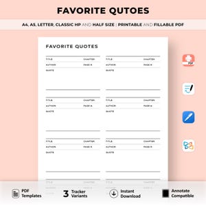 Favourite Book Quotes Tracker, Favorite Reading Quotes, Book Quotes, Reading Quotes, Bookish Printable, Book Journal, Reading Journal, PDF