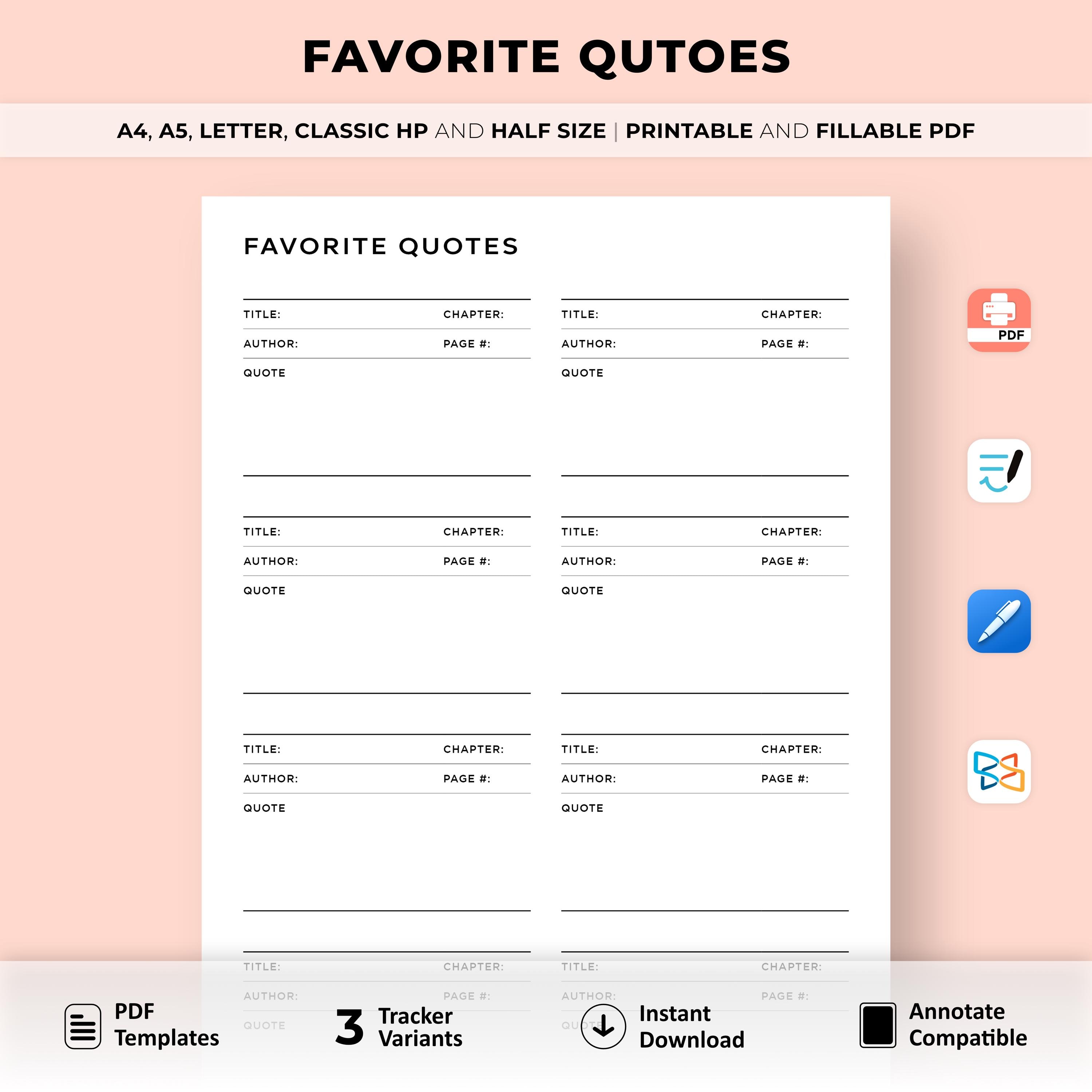 Favourite Book Quotes Tracker, Favorite Reading Quotes, Book Quotes, Reading Quotes, Bookish Printable, Book Journal, Reading Journal, PDF