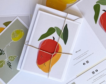Conjunto de 8 cartões comemorativos com ilustrações de frutas: manga, maçã, limão, laranja