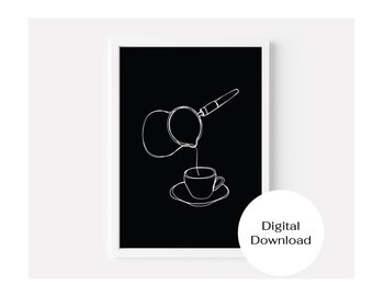 Impresión de café con arte lineal: Ilustración minimalista de cocina (descarga digital)