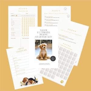 Puede incluir: Un conjunto de art&iacute;culos de papeler&iacute;a con tem&aacute;tica de cachorros, que incluye un rastreador de entrenamiento, una lista de verificaci&oacute;n de elementos esenciales para el hogar y una plantilla de certificado de nacimiento. La pieza central es una gu&iacute;a titulada "Your Ultimate Puppy Starter Kit".