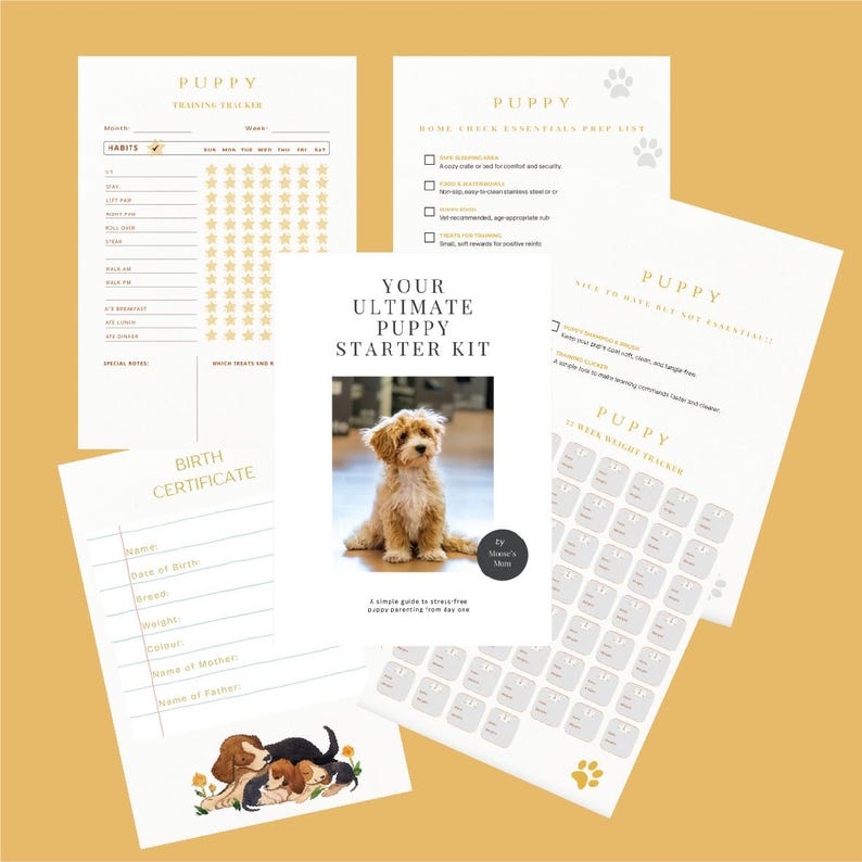 Puede incluir: Un conjunto de art&iacute;culos de papeler&iacute;a con tem&aacute;tica de cachorros, que incluye un rastreador de entrenamiento, una lista de verificaci&oacute;n de elementos esenciales para el hogar y una plantilla de certificado de nacimiento. La pieza central es una gu&iacute;a titulada "Your Ultimate Puppy Starter Kit".