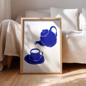 Quadro con teiera e tazza, stampa blu per la cucina, arredamento minimalista per la cucina, quadro con caffè, arredamento moderno per la cucina.