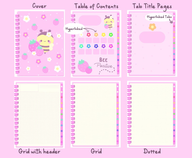 Cute Strawberry Bee Digital Notebook | Hyperlinked Goodnotes Notebook ...