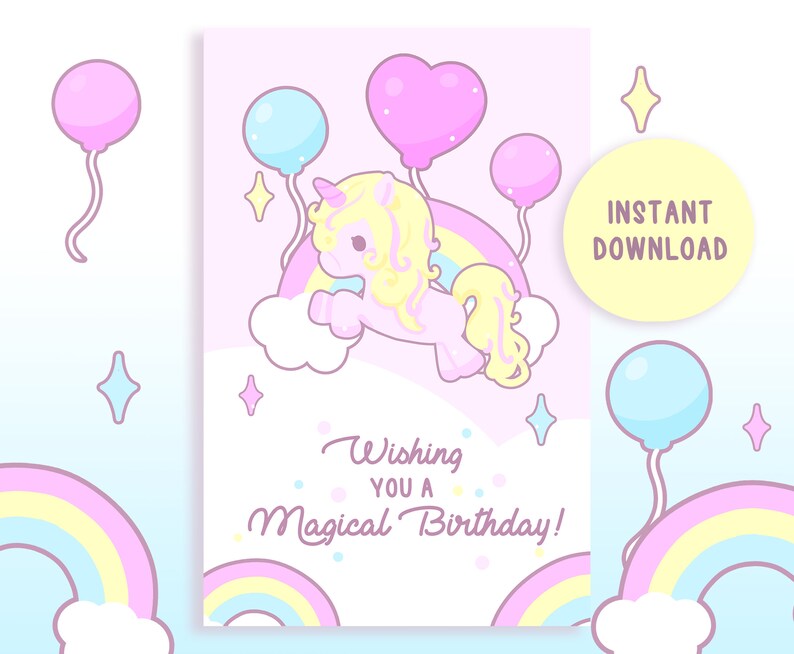 Printable Birthday Card Instant Download PDF Kawaii Unicorn Pony Cute ...