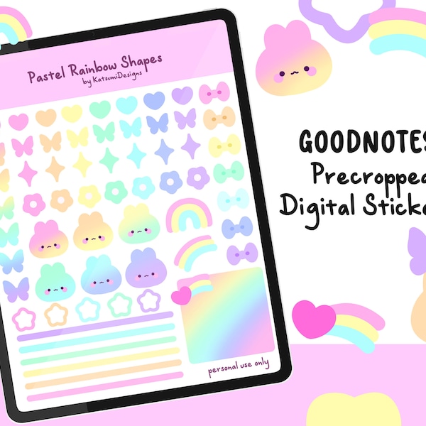 PASTEL RAINBOW SHAPES digital stickers | Goodnotes Stickers | download| planner | kawaii | precropped png