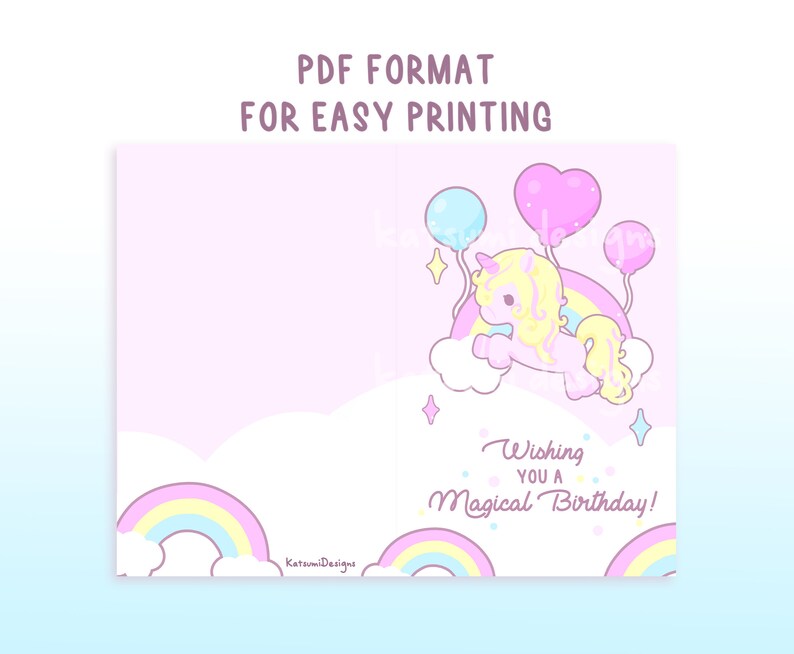 Printable Birthday Card Instant Download PDF Kawaii Unicorn Pony Cute ...