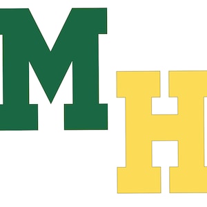 Peut inclure: Un "M" vert et un "H" jaune en style de police gras et en blocs. Les lettres sont séparées par un petit espace.