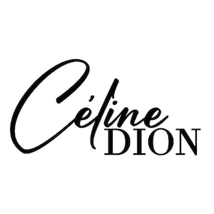 Peut inclure: Un logo graphique noir affichant le nom Celine Dion. Le mot Celine est écrit dans une police cursive fluide, tandis que le mot DION est placé en dessous dans une police serif grasse et en majuscules. Le design est isolé sur un fond blanc.
