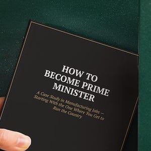 How to Become Prime Minister — second photorealistic mockup of the blank notebook