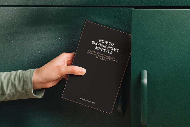 How to Become Prime Minister — second photorealistic mockup of the blank notebook