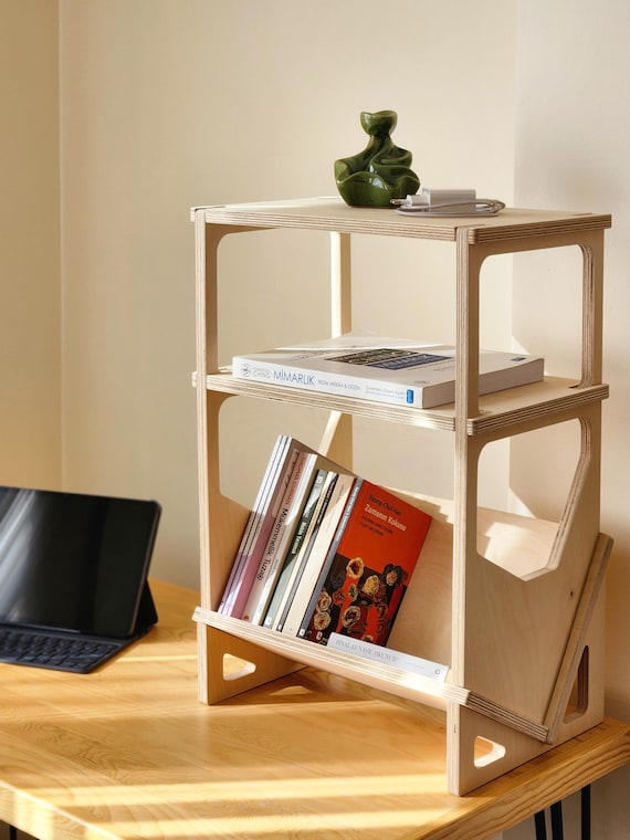 Minimalist Birch Plywood Desk Organizer and Bookshelf - Digital File, CNC Cut File, Modern and Easy-to-Assemble Interlocking Shelf