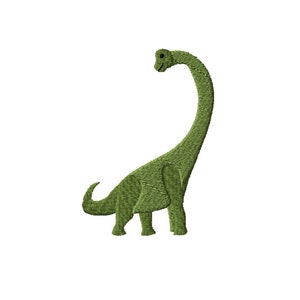 May include: A green cartoon dinosaur with a long neck and a small head. The dinosaur is standing on all fours and has a friendly expression.