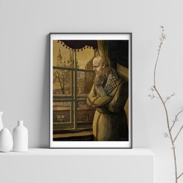 Fyodor Dostoevsky watching the neighbours observing some crime in his Saint-Petersburg yard instant download art for print