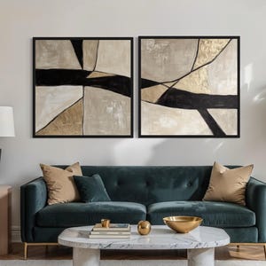 Abstract Diptych Painting: Beige, Black, and Gold Textured Canvas Art - Set of 2