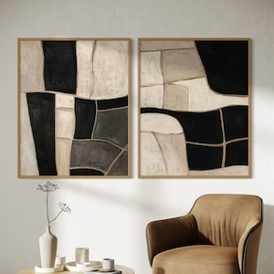 Abstract Geometric Diptych: Beige & Black Acrylic Painting Set on Canvas