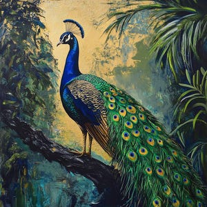 Lienzo de pavo real pintado a mano: decoración vibrante de la jungla