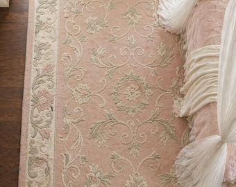 Blush Pink Floral Hand Tufted Wool Rug, Vintage French Style Area Carpet