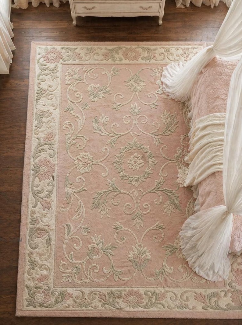Blush Pink Floral Hand Tufted Wool Rug, Vintage French Style Area ...