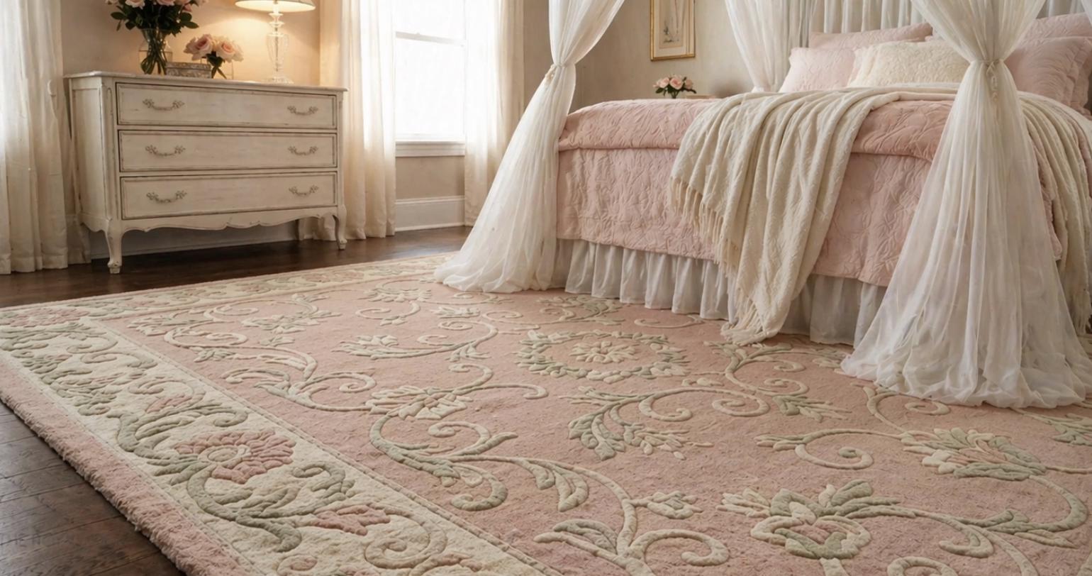 Blush Pink Floral Hand Tufted Wool Rug, Vintage French Style Area ...