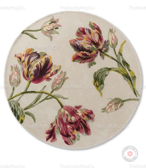 Hand-Tufted Round Wool Rug, Floral Design