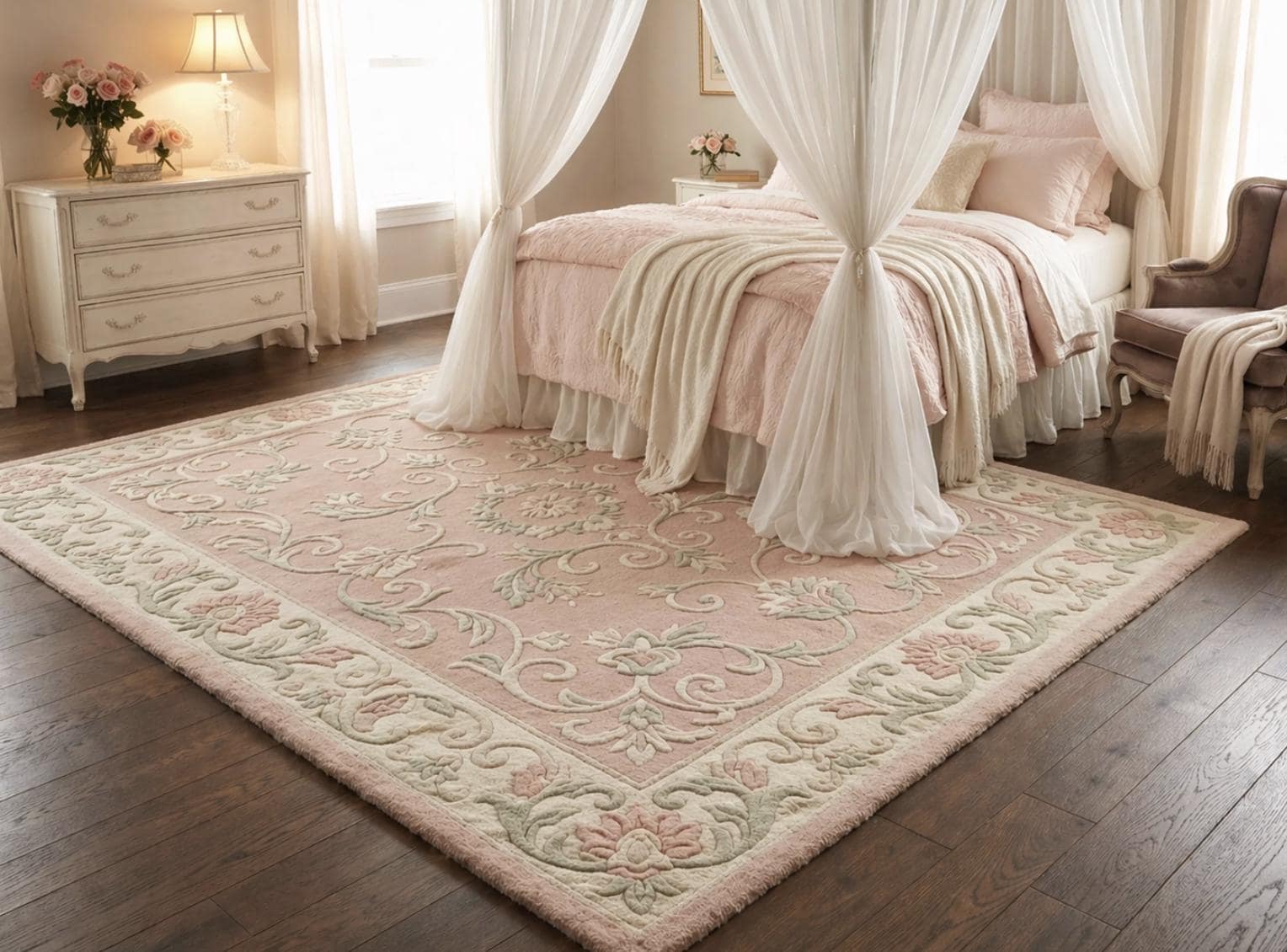 Blush Pink Floral Hand Tufted Wool Rug, Vintage French Style Area ...
