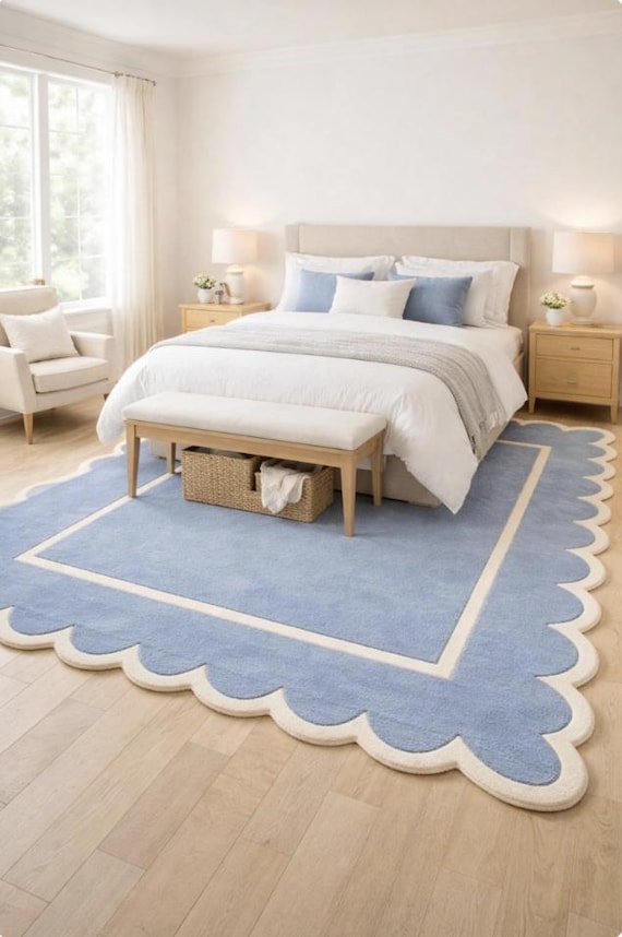 Hand Tufted Wool Scalloped Rug, Modern Wavy Border Area Carpet, Minimalist Bedroom Living Room