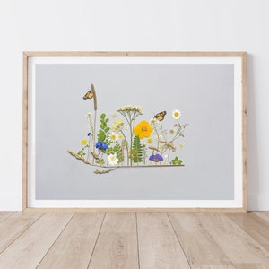 Pressed flower print, Botanical Wall Art from original hand pressed flowers, hand drawn butterflies