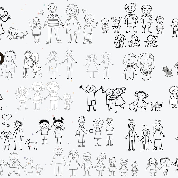 Riesige Packung Familien Stick Figuren, PNG + SVG, Sofort Download