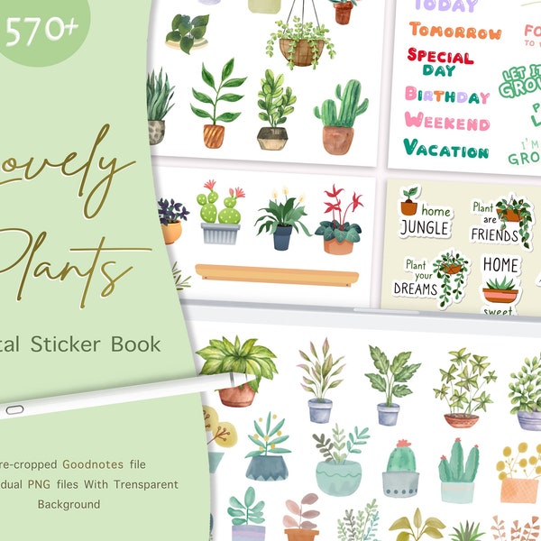 750 Plant Digital Stickers For Goodnotes, Botanical Stickers, Aesthetic House Plant Sticker, Greenery Stickers, Gardening Digital Sticker