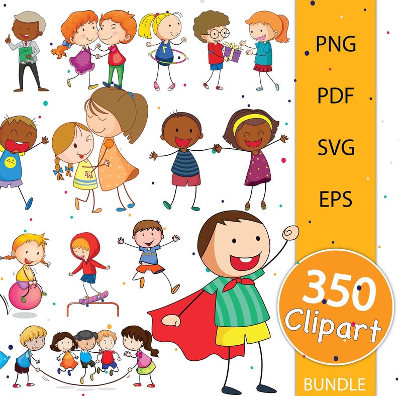 May include: A collection of 350 colorful cartoon clipart images of children. The images are in various poses and activities, such as playing, holding hands, and jumping. The clipart is available in PNG, PDF, SVG, and EPS formats.