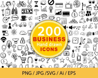 Business Clipart Icons, Hand drawn business icon pack including + 200 finance icons, management, office, startup, and new business icons