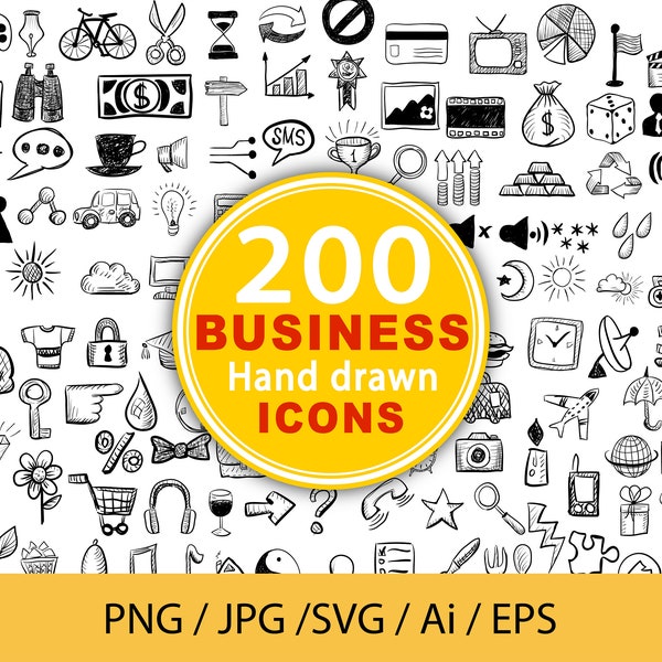 Business Clipart Icons, Hand drawn business icon pack including + 200 finance icons, management, office, startup, and new business icons