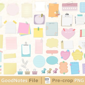 May include: A set of 30 colorful digital note papers in various shapes, including hearts, clouds, and rectangles. The papers have lined, dotted, and blank designs. The set also includes a few paper clips and push pins.