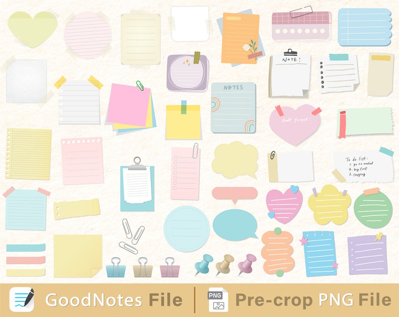 May include: A set of 30 colorful digital note papers in various shapes, including hearts, clouds, and rectangles. The papers have lined, dotted, and blank designs. The set also includes a few paper clips and push pins.