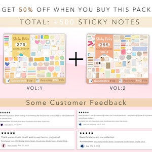 May include: A digital sticker pack for GoodNotes featuring 500 colorful sticky notes in two volumes. The pack includes 275 notes in volume 1 and 295 notes in volume 2. The notes are pre-cropped for easy use in GoodNotes and come in a variety of shapes, sizes, and colors.