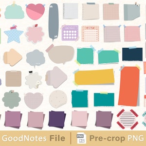 May include: A set of 36 colorful digital note papers with various shapes, sizes, and patterns. The papers include hearts, stars, clouds, speech bubbles, and rectangles. Some papers have lines, dots, or other patterns. The papers are designed for use in digital note-taking apps like GoodNotes.