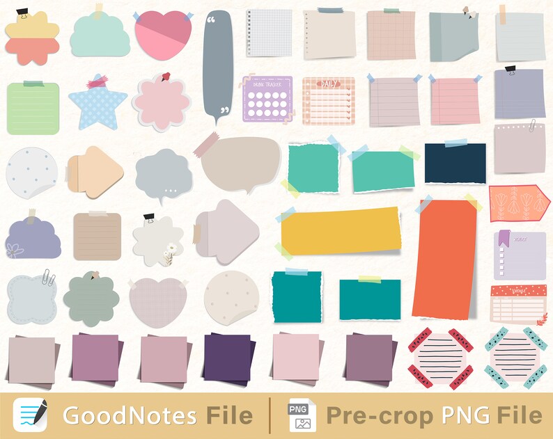 May include: A set of 36 colorful digital note papers with various shapes, sizes, and patterns. The papers include hearts, stars, clouds, speech bubbles, and rectangles. Some papers have lines, dots, or other patterns. The papers are designed for use in digital note-taking apps like GoodNotes.