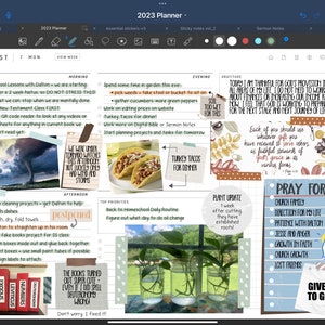 May include: A weekly planner page with a colorful design. The page includes a list of tasks for the day, a plant update, a prayer list, and a gratitude section. The page is decorated with stickers and drawings.