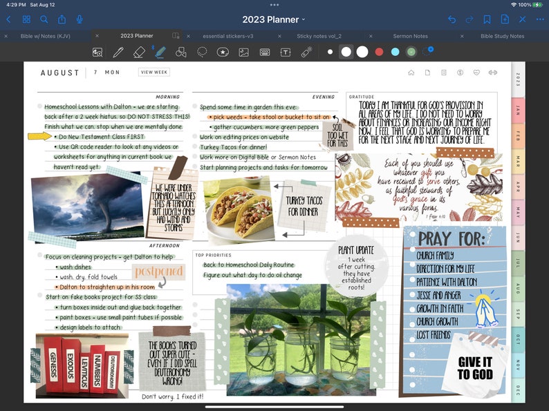 May include: A weekly planner page with a colorful design. The page includes a list of tasks for the day, a plant update, a prayer list, and a gratitude section. The page is decorated with stickers and drawings.