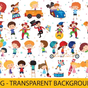 May include: A collection of colorful illustrations featuring children and clowns. The illustrations include children playing with toys, riding bikes, and performing circus acts. The illustrations are set against a white background with confetti.