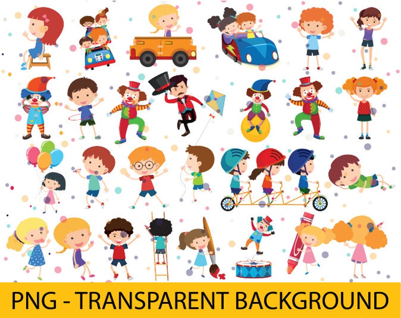 May include: A collection of colorful illustrations featuring children and clowns. The illustrations include children playing with toys, riding bikes, and performing circus acts. The illustrations are set against a white background with confetti.