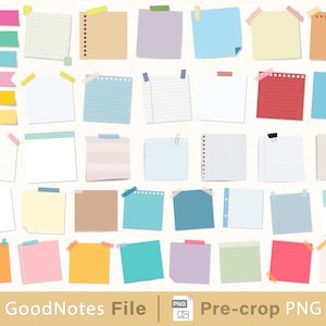 May include: A set of 30 digital note papers in various colors and patterns, including lined, grid, and blank. The papers are designed for use with the GoodNotes app. The papers are pre-cropped for easy use.