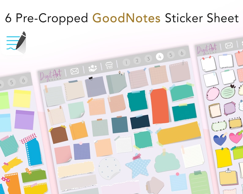 May include: Six sheets of pre-cropped GoodNotes stickers. Each sheet has a variety of colorful, patterned, and plain stickers in different shapes and sizes. The stickers are designed for use with the GoodNotes app.