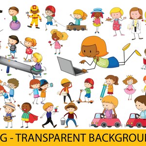 May include: A colorful illustration of children doing various activities, including playing on a seesaw, riding a scooter, driving toy cars, and using a laptop. The illustration is drawn in a cartoon style with bright colors and simple lines.